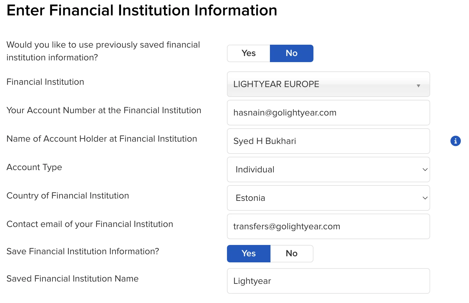 Interactive Brokers - ecrã de dados do destinatário da transferência