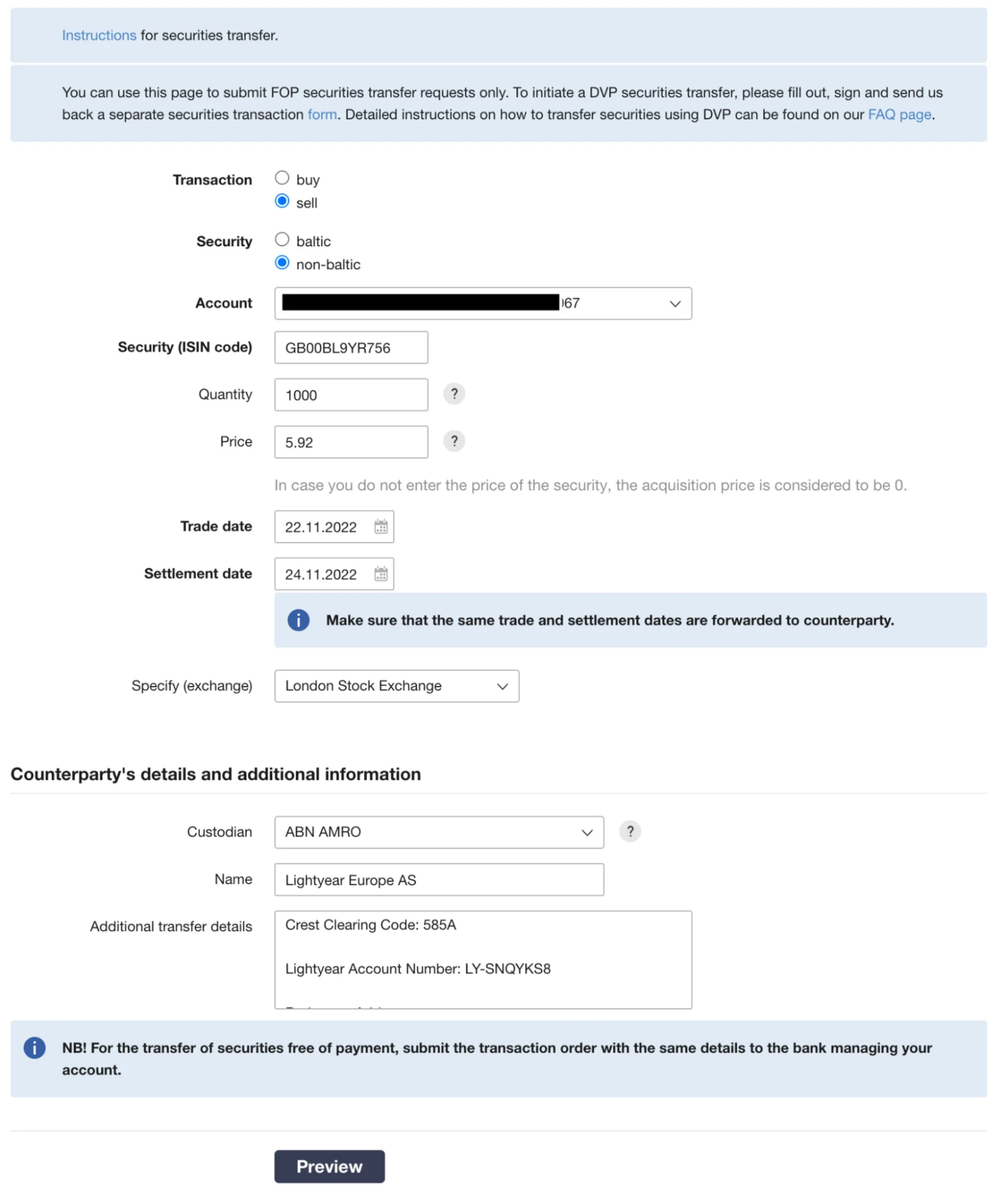 Instruções de transferência de títulos da LHV