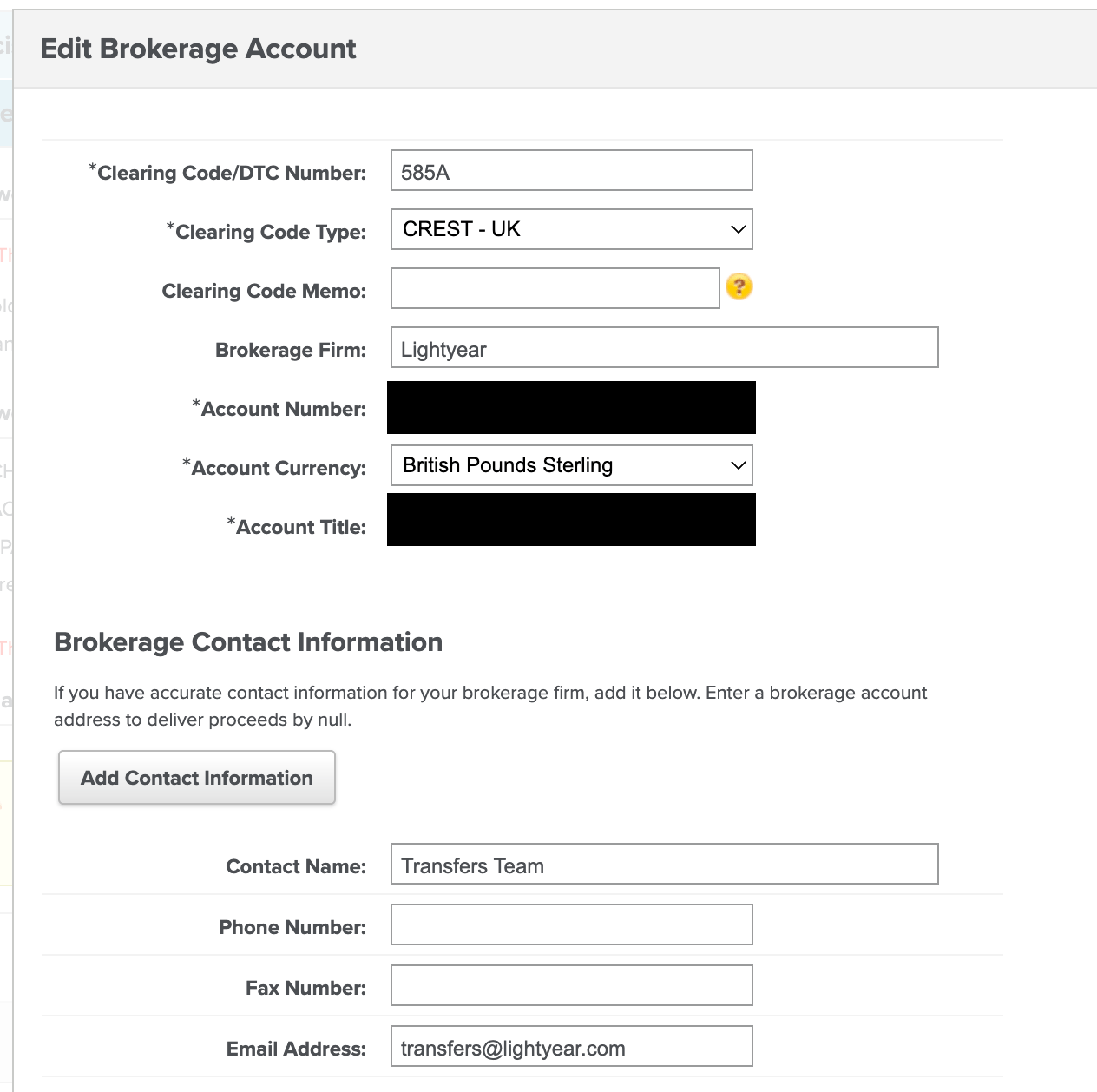 Enter brokerage information in Shareworks