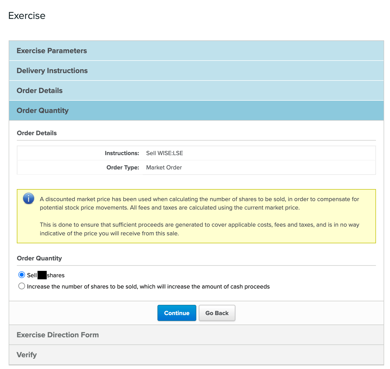 Ecrã de quantidade da ordem na Shareworks